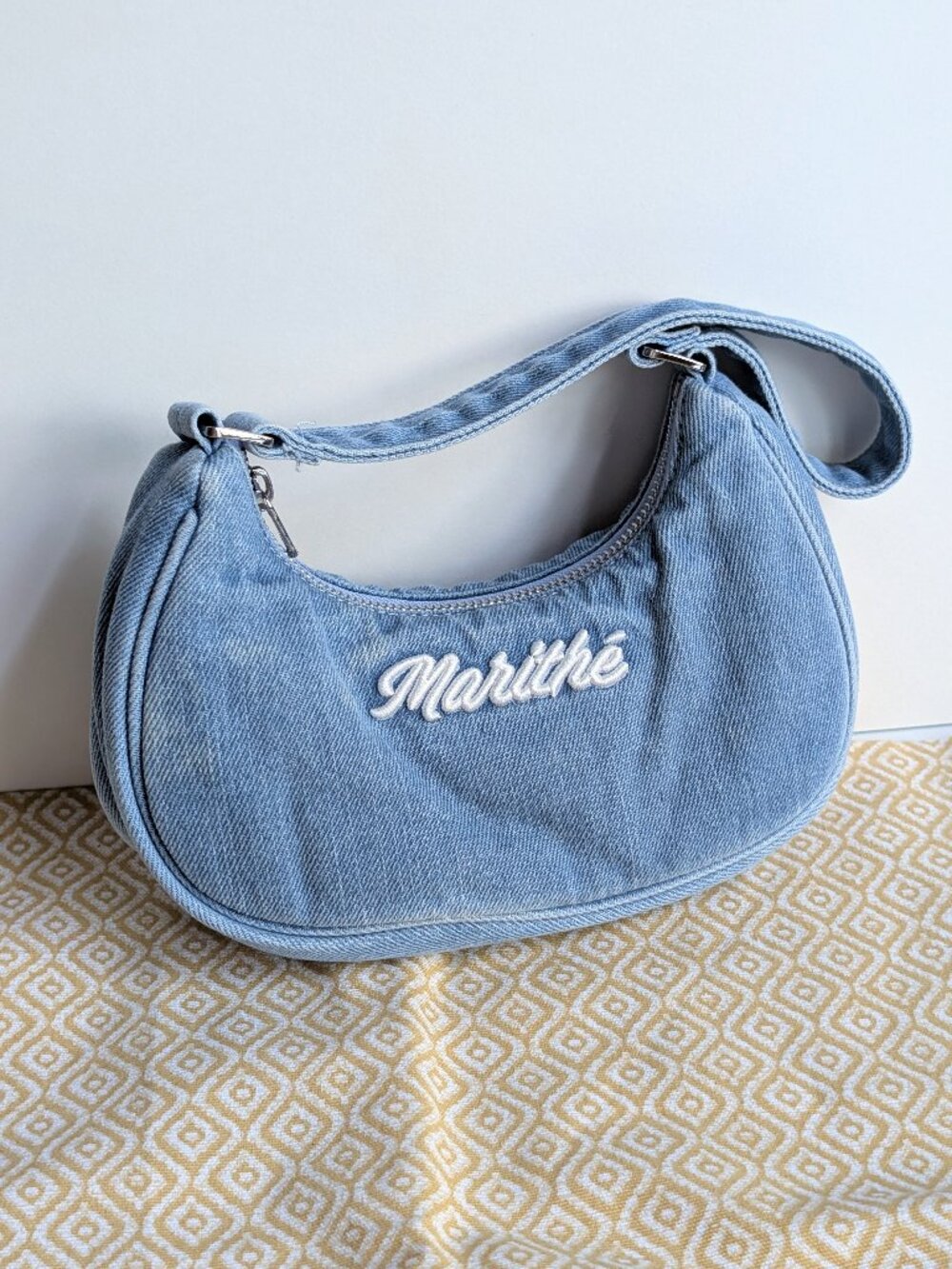Marithé François Girbaud Embroidery Logo Shoulder Bag Light Blue Denim